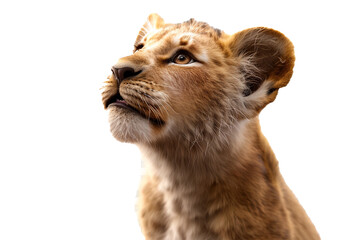 A 3D animated lion cub looking up curiously, isolated on transparent background, PNG file