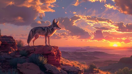 A wily coyote standing on a rocky outcrop, with the backdrop of a vibrant sunset over the desert landscape.  - Powered by Adobe
