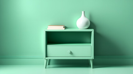 A green nightstand with a white vase and books on top of it