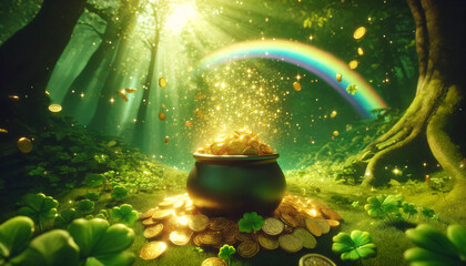 A 3D-rendered of a magical scene with a pot of gold at the end of a rainbow. The pot is overflowing with glittering gold coins