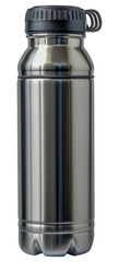 Stainless steel thermos bottle with cup lid, cut out - stock png.