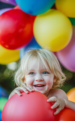 Obraz premium Observe a precious moment captured as a child plays with colorful balloons. 