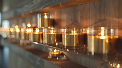 Fototapeta premium An asymmetrical arrangement of brass and glass candle holders lines a wall creating a dynamic and eyecatching feature. 2d flat cartoon.