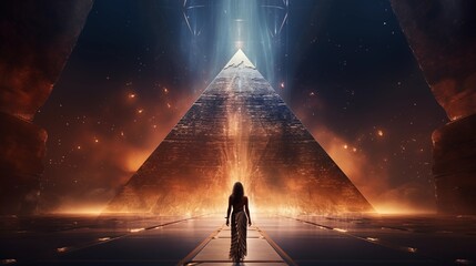 View from the front, egyptian woman queen standing inside the Pyramid. Fantasy background.