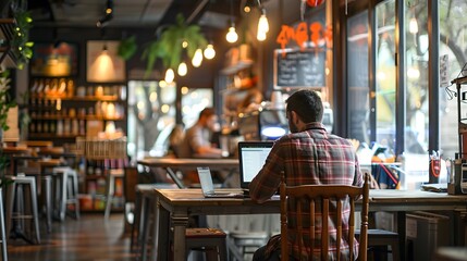 Fototapeta premium Man working on laptop in a cozy cafe