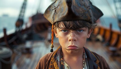 A angry young boy wearing a pirate costume