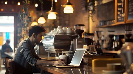 Man working on laptop in a cozy coffee shop ambiance