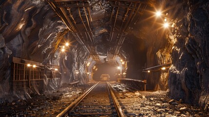 Obraz premium Gritty and Determined Underground Mining in a High Detail Realism Mineshaft Scene Highlighting the Extraction of Valuable Resources from the Earth