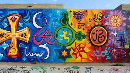 A vibrant mural depicting the peaceful coexistence of multiple religions with symbols like the cross crescent Om and Star of David intertwined in harmony. A mural of unity. Artistic expression  