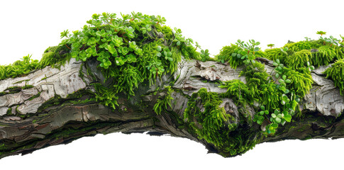 Overgrown green plants on natural driftwood, cut out - stock png.