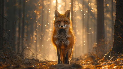 A graceful fox stands in the middle of a misty forest with sunlight shining through the trees in the morning