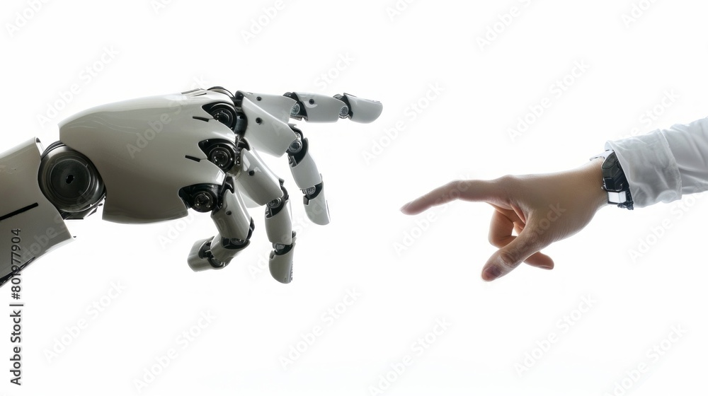 Poster close-up of a cyborg's robotic arm pointing at a human hand with an outstretched index finger on an 