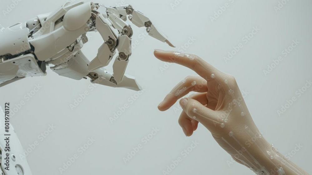 Poster Close-up of a cyborg's robotic arm pointing at a human hand with an outstretched index finger on a white background. High Technology, the future of the concept.