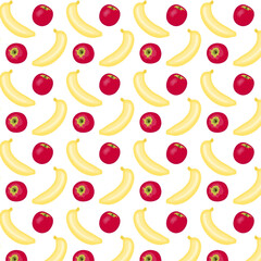 Seamless pattern for packaging and wrapping paper. Yellow banana and red apple on a white background. Juicy and ripe fruits. Vector cartoon illustration. Print for fabric and textiles. Summer time.
