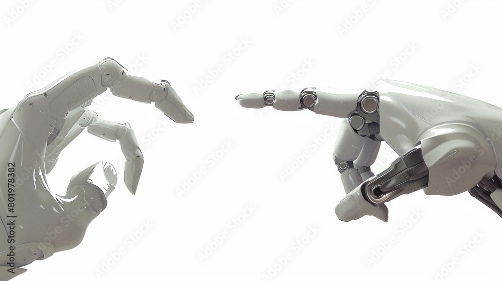Poster close-up of two robotic cyborg hands pointing their index finger at each other on a white background