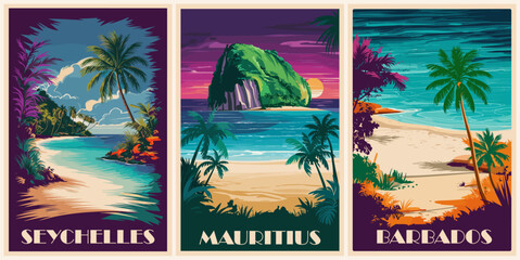 Set of Travel Destination Posters in retro style. Seychelles, Mauritius, Barbados digital prints. Exotic summer vacation, tropical holidays concept. Vintage vector colorful illustrations.