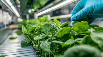 Researchers studying green spinach with advanced equipment in a state-of-the-art greenhouse, exploring new horizons in agricultural science.