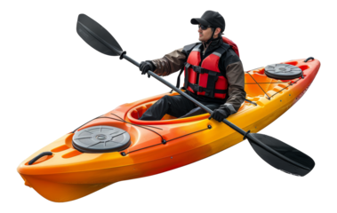 Man kayaking in orange kayak with paddles, cut out - stock png.
