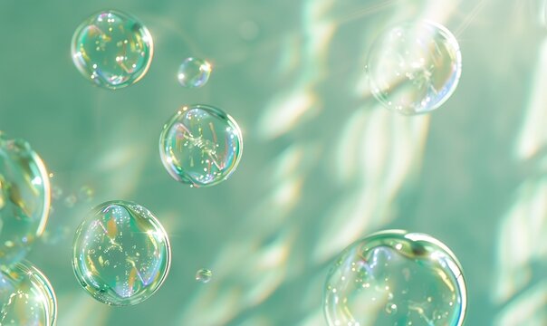 iridescent bubbles agains a green smooth wall , Generative AI 