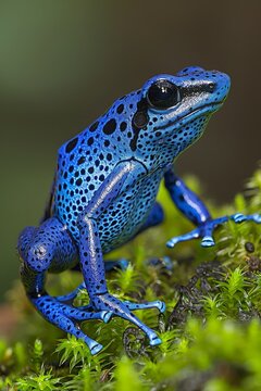 Vivid blue dart frog dendrobates tinctorius azureus on lush moss in close up view