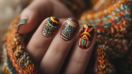 Close-up nail art with bohemian spirit earthy tones tribal patterns relaxed and adventurous mood. Glamour woman hand with nail polish on her fingernails. Nail art and design 