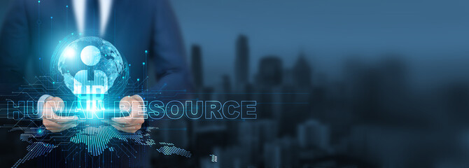 Human resource technology, Businessman using of human resource technology with tablet on global network, management and recruitment, Global HR and talent acquisition and digital transformation.