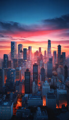 Fototapeta premium A striking view of an urban skyline during sunset, featuring tall skyscrapers with their windows reflecting the radiant hues of the sunset
