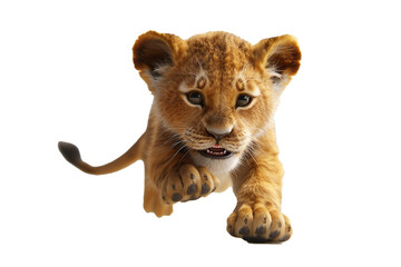 A 3D animated lion cub pouncing playfully, isolated on transparent background, PNG file