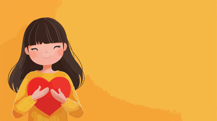 Cute little Asian girl with red heart on yellow background