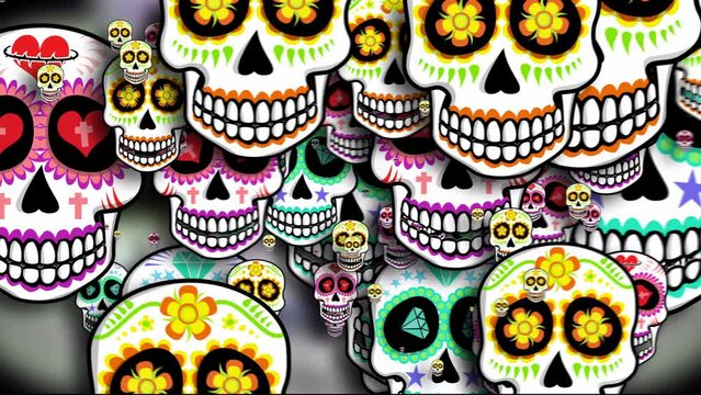 Seamless cartoon background with Mexican sugar skulls. Halloween vector style animation with catrina illustration 