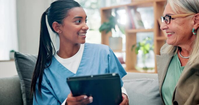 Senior woman, nurse and tablet for consultation in home, medical checkup and advice for diagnosis on sofa. Female person, caregiver and support in retirement for health, patient and plan for medicare