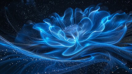   A blue flower against a dark backdrop, with stars positioned in the image's center and the flower's center aligned with them