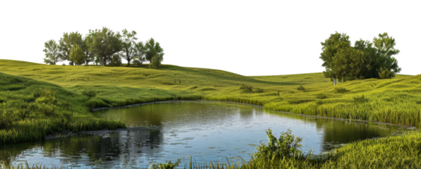 Serene river flowing through a vibrant green landscape, cut out - stock png.