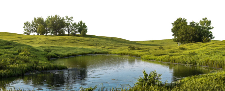 Serene river flowing through a vibrant green landscape, cut out - stock png.