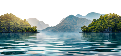 Tranquil tropical mountain lake with lush greenery, cut out - stock png.