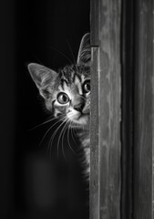  small kitten peeks from wooden door, eyes wide open