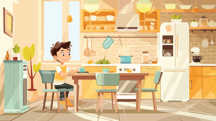 Cute little boy near dining table in kitchen Vector illustration