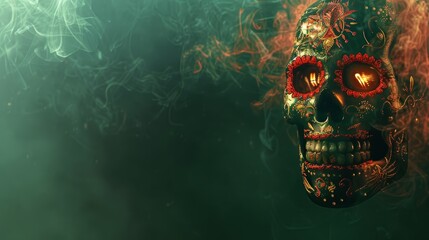   A tight shot of a skull, its eyes illuminated by a scarlet light, and puffs of smoke escaping from its mouth