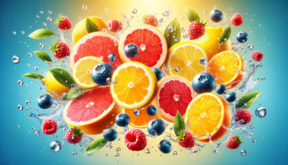A vibrant and refreshing capturing various citrus fruits and berries splashed by water droplets against a bright background