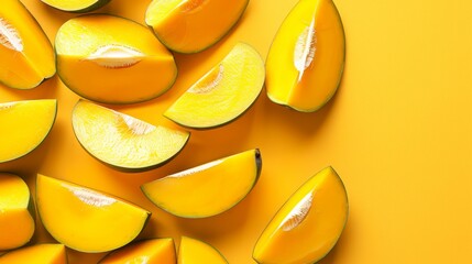   A yellow background with halved fruit pieces