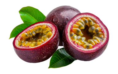 Fresh passion fruit halves, cut out - stock png.