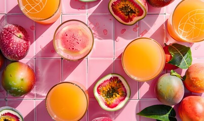 passion fruits and guava on a pink-tiled table with glasses of guava juice, Generative AI 