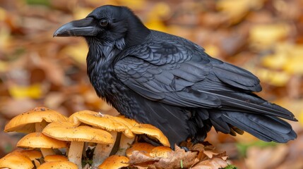 Fototapeta premium A black bird perches atop a mound of mushrooms Nearby, orange and yellow mushroom piles rest on the ground