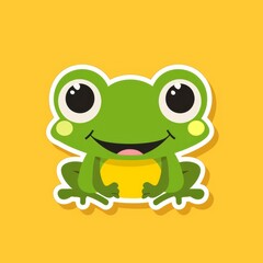   A green frog with large, smiling eyes sits on a yellow lily pad against a sunny yellow background