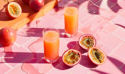 passion fruits and guava on a pink-tiled table with glasses of guava juice, Generative AI 