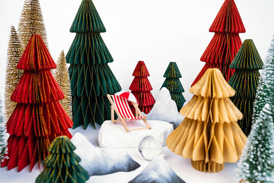 Christmas-themed desktop photo zone on a white background, side view