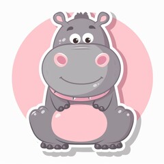   A cartoon hippo sits in front of a pink circle, smiling, with another pink circle behind it