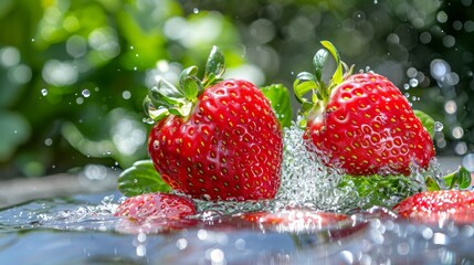   A cluster of strawberries gleaming in a sunlit water basin against a backdrop of verdant leaves - obrazy, fototapety, plakaty
