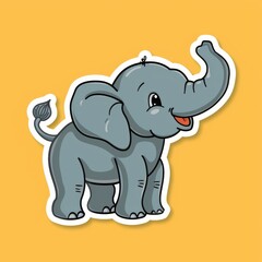   A sticker of an elephant with its trunk raised against a yellow background