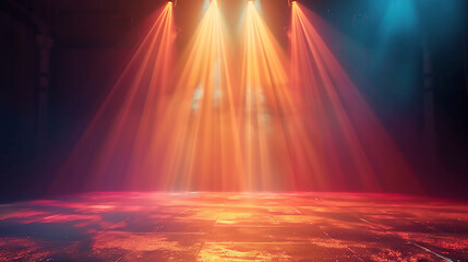 Empty stage light background. Illuminated stage with warm lighting design for modern dance performance. Entertainment show. Stage design for modern dance. Spotlight effect on stage. Generative AI  - obrazy, fototapety, plakaty
